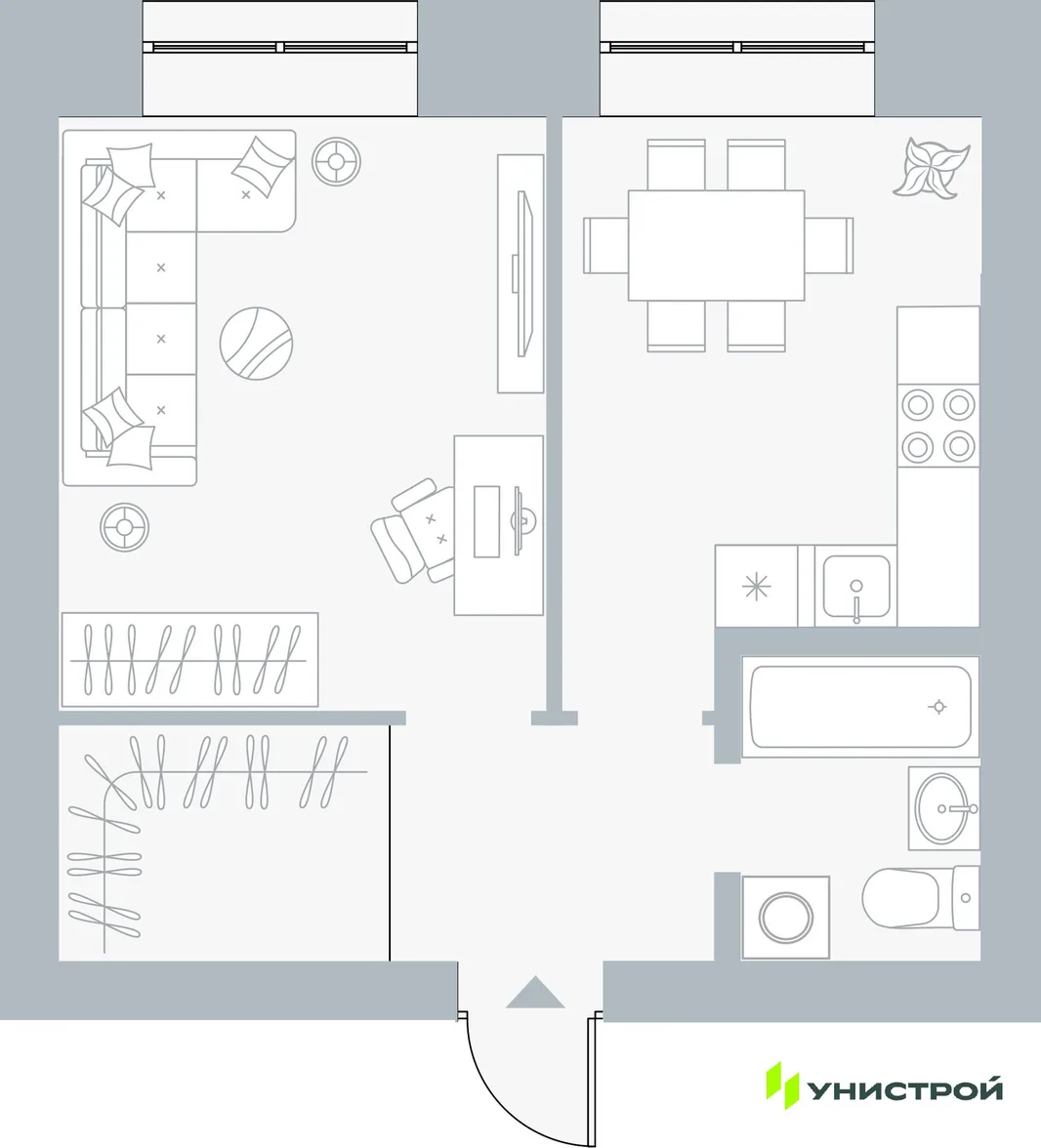 Планировка 1-комн. квартира, 38.18 м² ЖК «Причал»