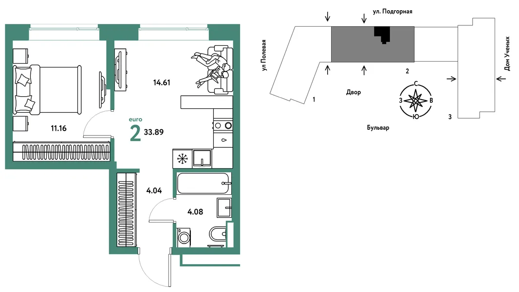 Планировка 2-комн. квартира, 33.98 м² ЖК «Авторский»