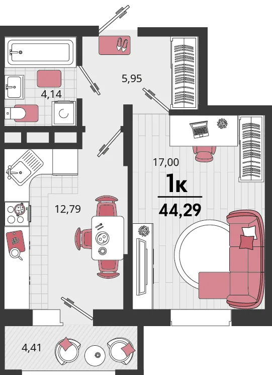 Планировка 1-комн. квартира, 44.29 м² ЖК «Родные просторы»