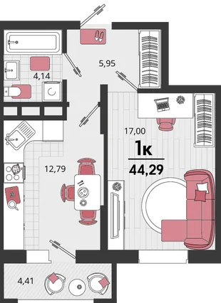 Планировка 1-комн. квартира, 44.29 м² ЖК «Родные просторы»