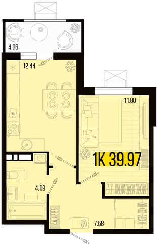 Планировка 1-комн. квартира, 37.94 м² ЖК «Цветной бульвар»