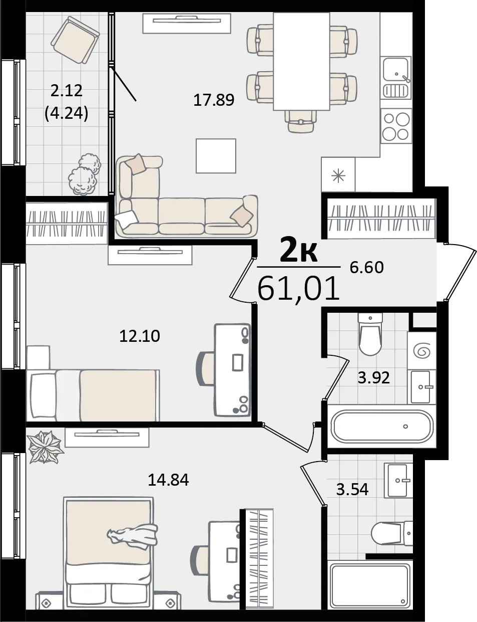 Планировка 2-комн. квартира, 61.01 м² ЖК «Патрики»
