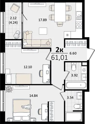 Планировка 2-комн. квартира, 61.01 м² ЖК «Патрики»