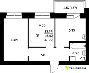 Планировка 2-комн. квартира, 46.79 м² ЖК «Царёво City»