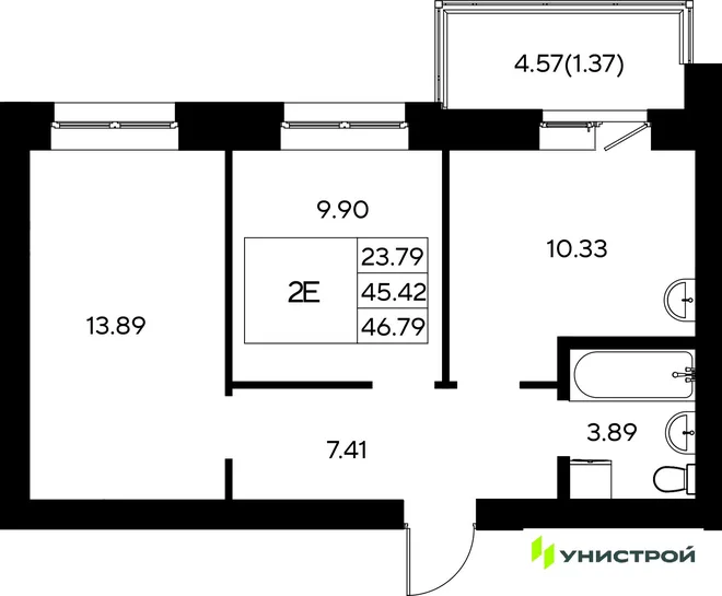 Планировка 2-комн. квартира, 46.79 м² ЖК «Царёво City»