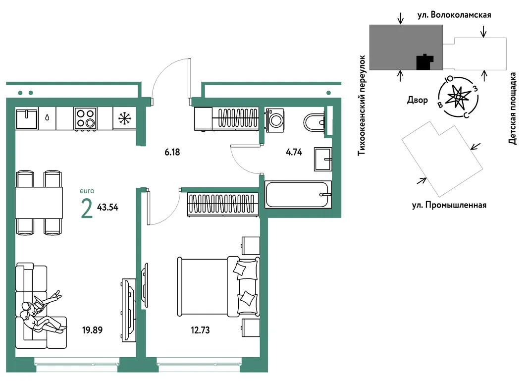 Планировка 2-комн. квартира, 43.54 м² ЖК «Страна Прибрежная»