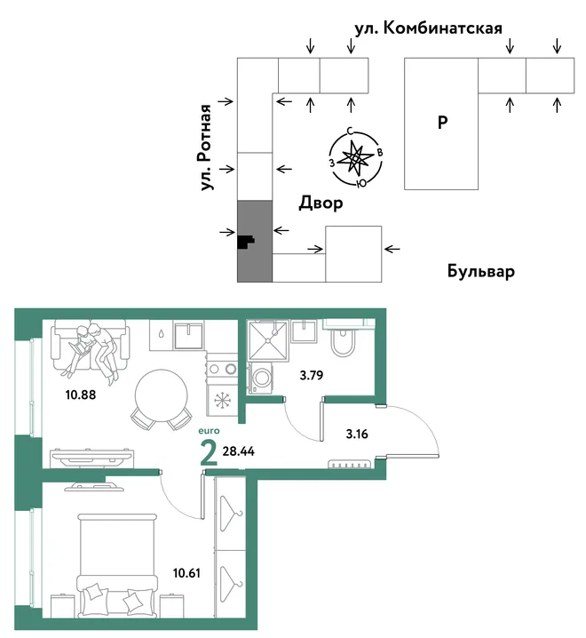 Планировка 2-комн. квартира, 28.44 м² ЖК «Уральский сад» Планировка 2-комн. квартира, 28.44 м² ЖК «Уральский сад»