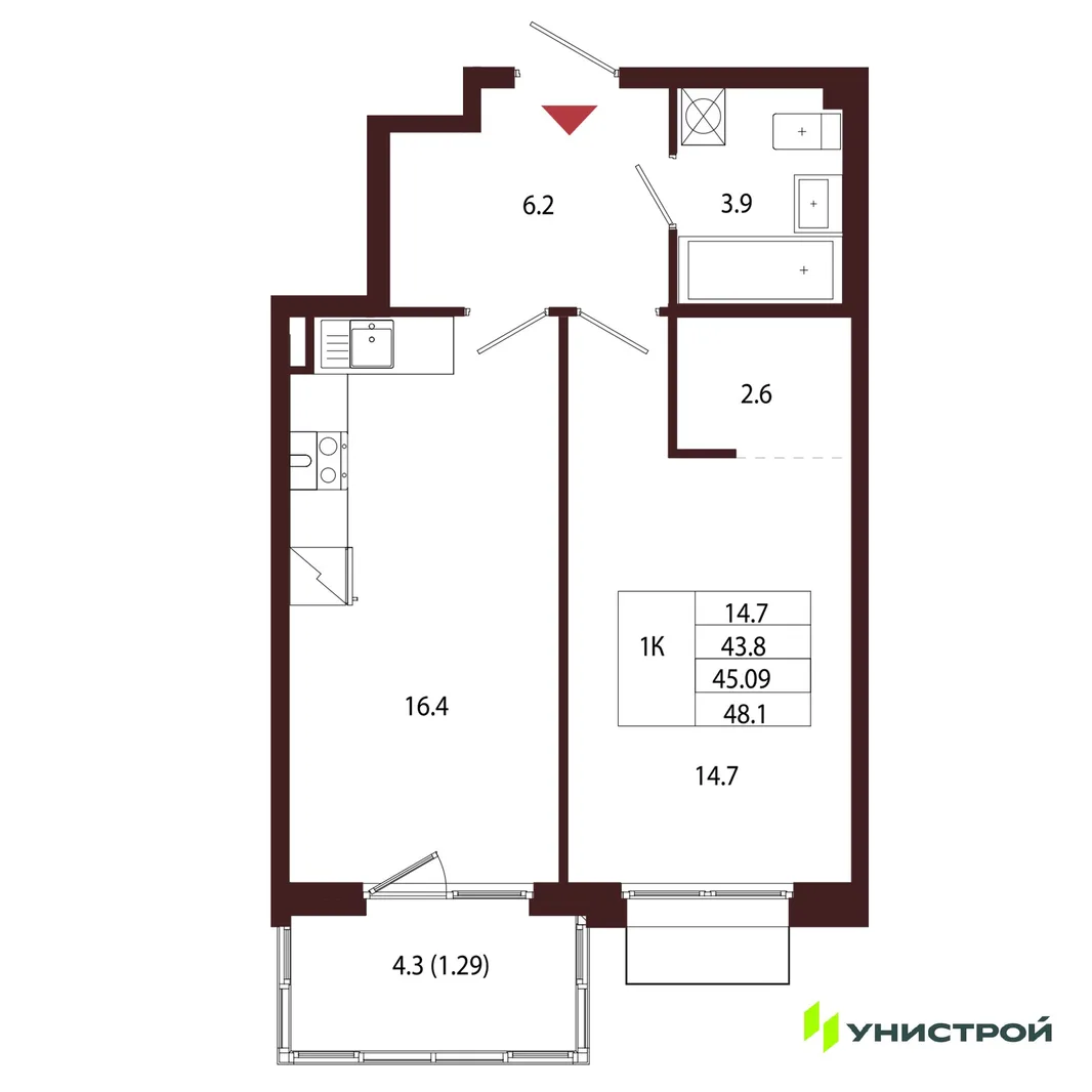 Планировка 1-комн. квартира, 45.09 м² ЖК «Лисино»