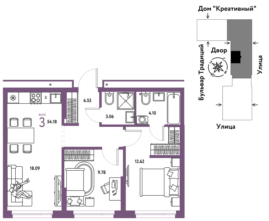 Планировка 3-комн. квартира, 54.18 м² ЖК «Микрорайон Домашний»