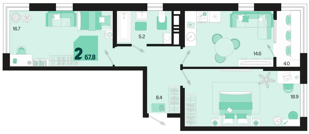 Планировка 2-комн. квартира, 67.8 м² ЖК «Первое место»