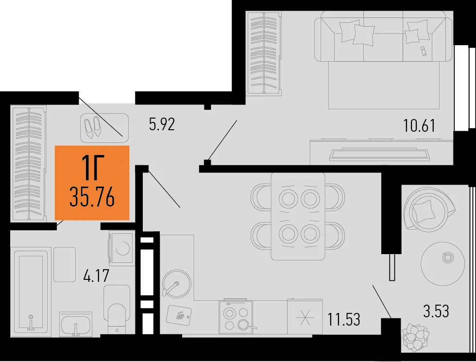 Планировка 1-комн. квартира, 35.76 м² ЖК «Столицыно»