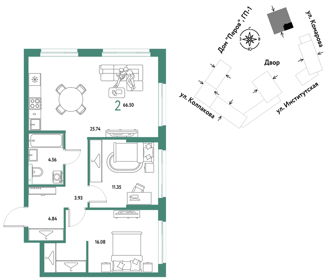Планировка 2-комн. квартира, 66.5 м² ЖК «Страна.Парковая»