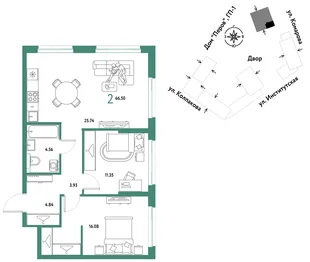 Планировка 2-комн. квартира, 66.5 м² ЖК «Страна.Парковая»