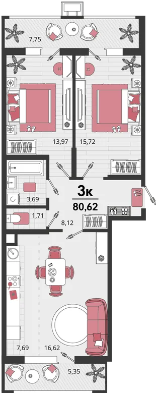 Планировка 3-комн. квартира, 80.62 м² ЖК «Родные просторы»