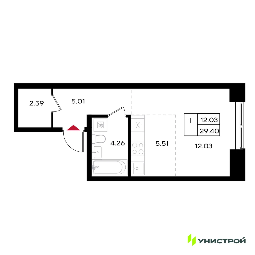 Планировка 1-комн. квартира, 29.4 м² ЖК «Уникум на Энгельса»