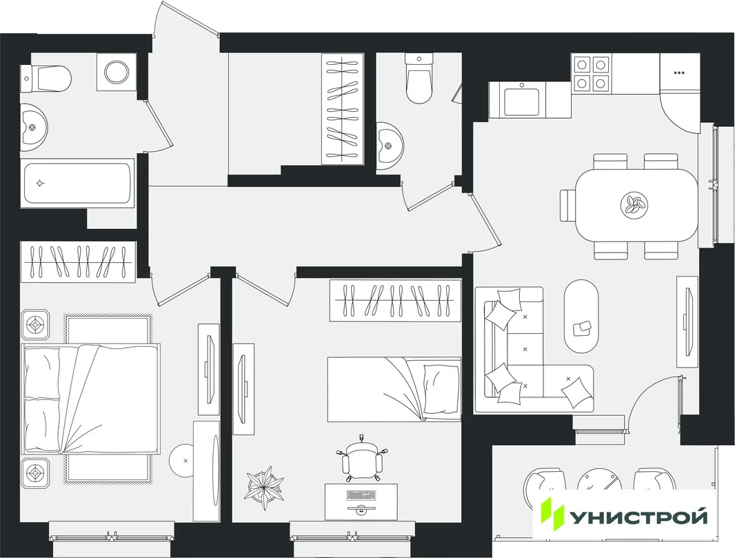Планировка 2-комн. квартира, 63.09 м² ЖК «Уникум на Ленинском»