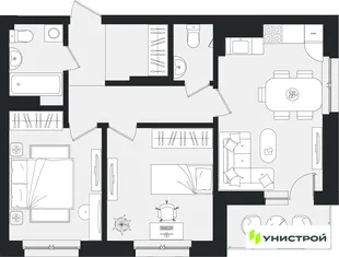 Планировка 2-комн. квартира, 63.09 м² ЖК «Уникум на Ленинском»