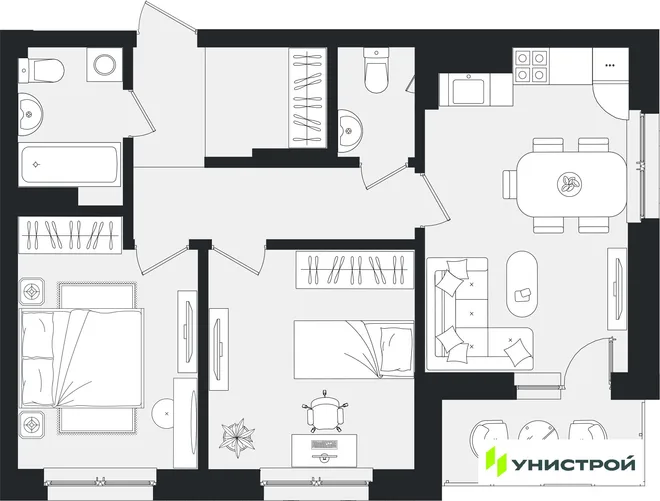 Планировка 2-комн. квартира, 63.09 м² ЖК «Уникум на Ленинском» Планировка 2-комн. квартира, 63.09 м² ЖК «Уникум на Ленинском»
