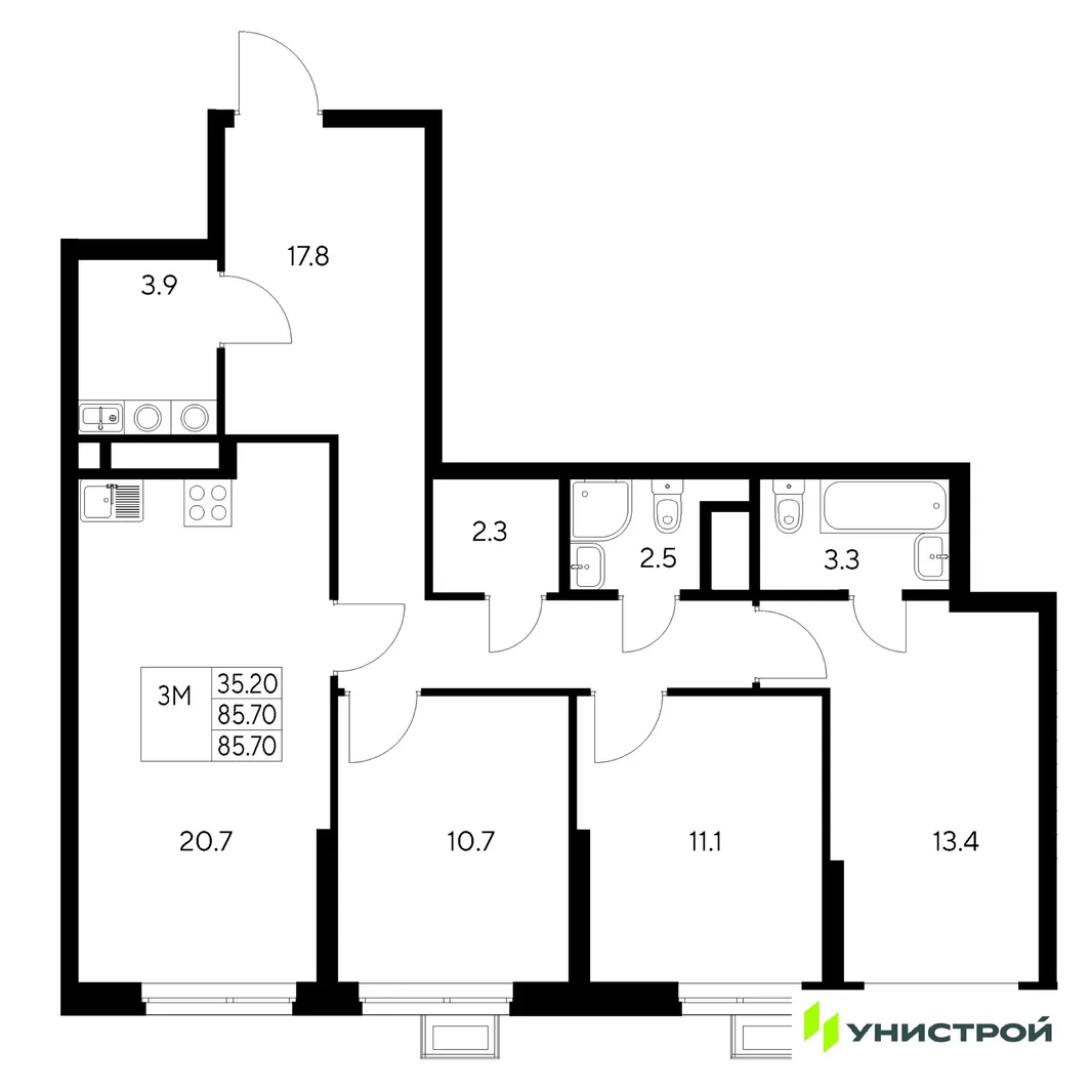 Планировка 3-комн. квартира, 85.7 м² ЖК «Стадиум»