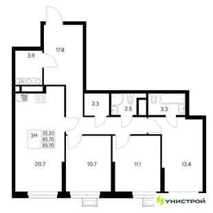 Планировка 3-комн. квартира, 85.7 м² ЖК «Стадиум»