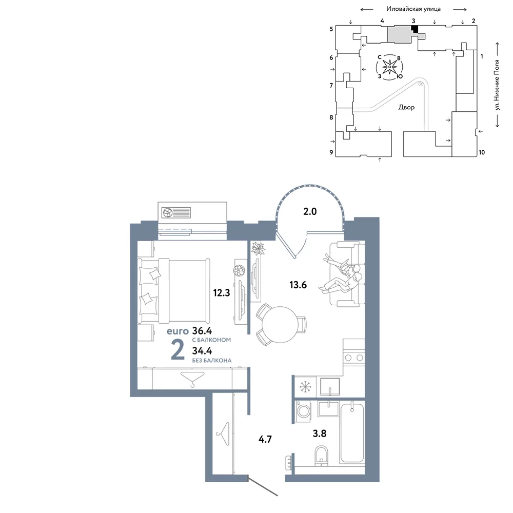Планировка 2-комн. квартира, 36.4 м² ЖК «Страна.Заречная»