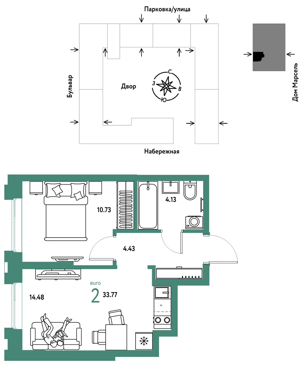 Планировка 2-комн. квартира, 33.77 м² ЖК «Европейский берег 2.0»