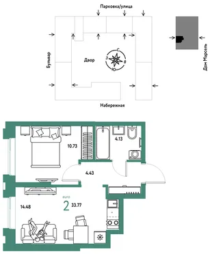Планировка 2-комн. квартира, 33.77 м² ЖК «Европейский берег 2.0»