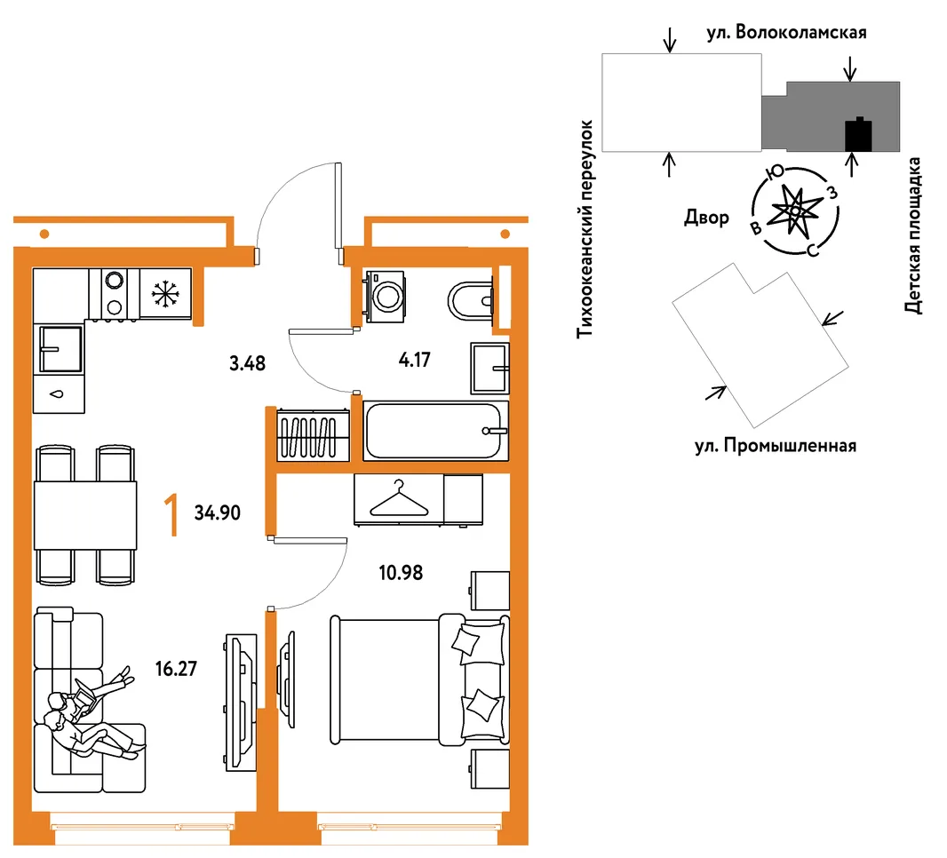 Планировка 1-комн. квартира, 34.9 м² ЖК «Страна Прибрежная»