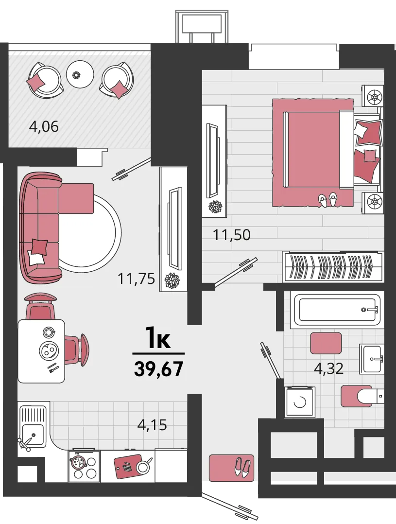 Планировка 2-комн. квартира, 39.67 м² ЖК «Родные просторы»