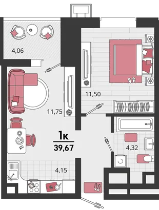 Планировка 2-комн. квартира, 39.67 м² ЖК «Родные просторы»