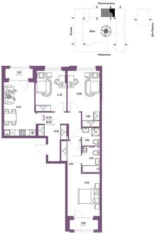 Планировка 3-комн. квартира, 87.39 м² ЖК «Европейский берег 2.0»