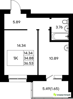 Планировка 1-комн. квартира, 36.53 м² ЖК «Царёво City»