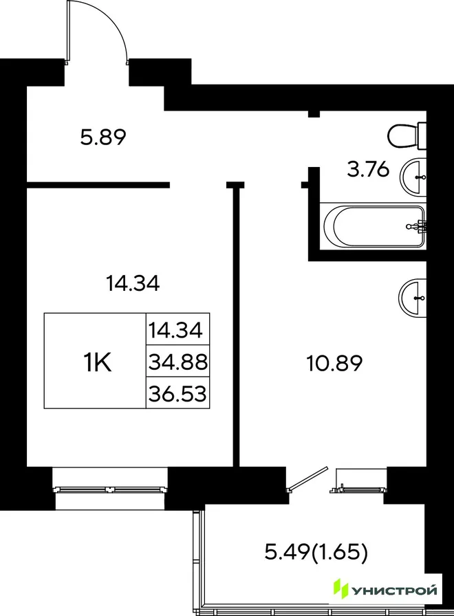 Планировка 1-комн. квартира, 36.53 м² ЖК «Царёво City»