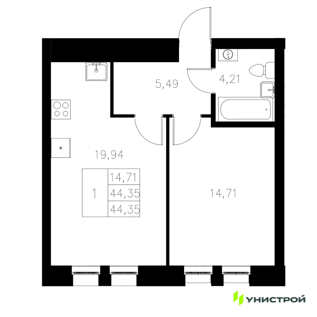 Планировка 1-комн. квартира, 44.35 м² ЖК «Statum»