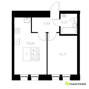 Планировка 1-комн. квартира, 44.35 м² ЖК «Statum»