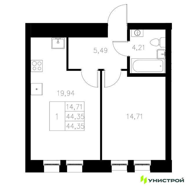 Планировка 1-комн. квартира, 44.35 м² ЖК «Statum» Планировка 1-комн. квартира, 44.35 м² ЖК «Statum»