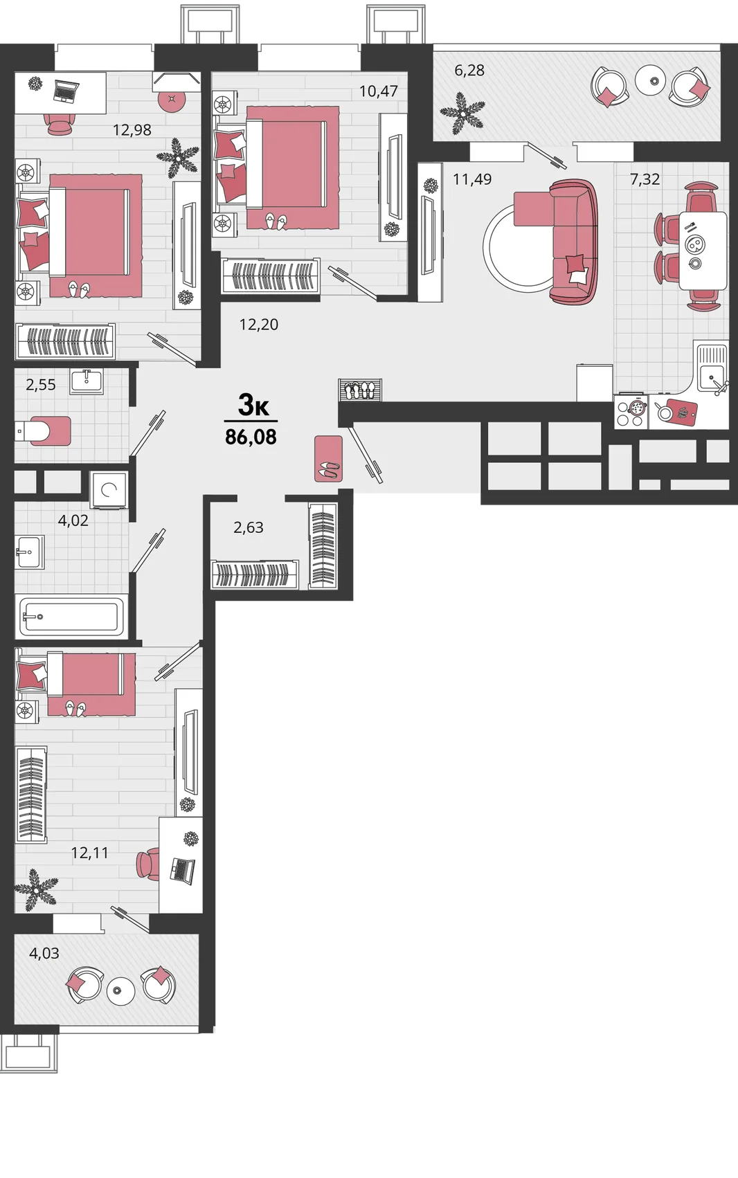 Планировка 4-комн. квартира, 86.08 м² ЖК «Родные просторы»