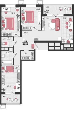 Планировка 4-комн. квартира, 86.08 м² ЖК «Родные просторы»