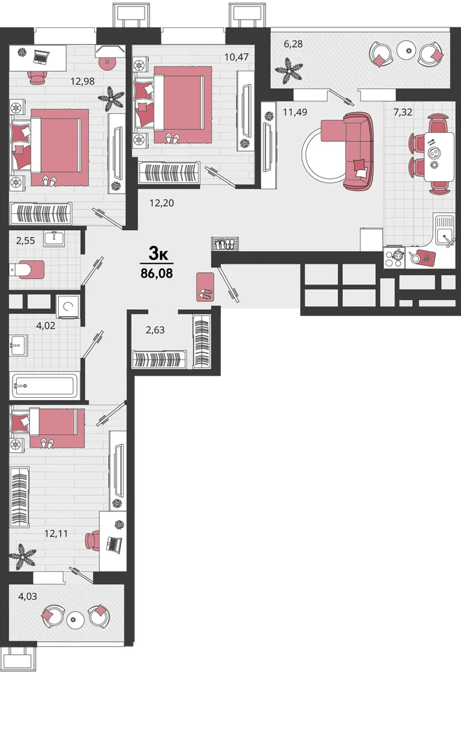 Планировка 4-комн. квартира, 86.08 м² ЖК «Родные просторы» Планировка 4-комн. квартира, 86.08 м² ЖК «Родные просторы»