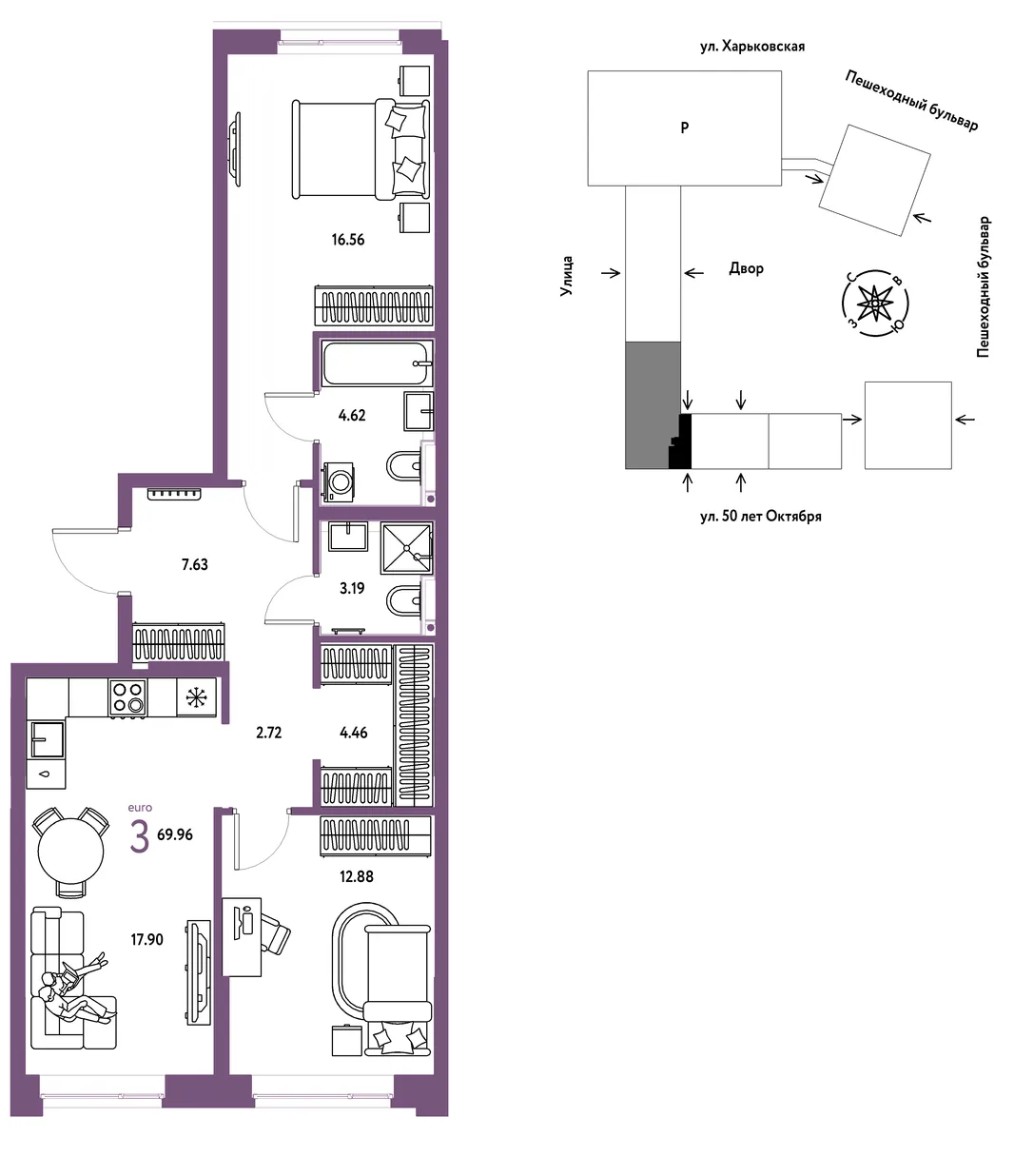 Планировка 3-комн. квартира, 69.96 м² ЖК «Сердце Сибири»