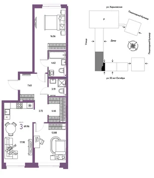 Планировка 3-комн. квартира, 69.96 м² ЖК «Сердце Сибири»
