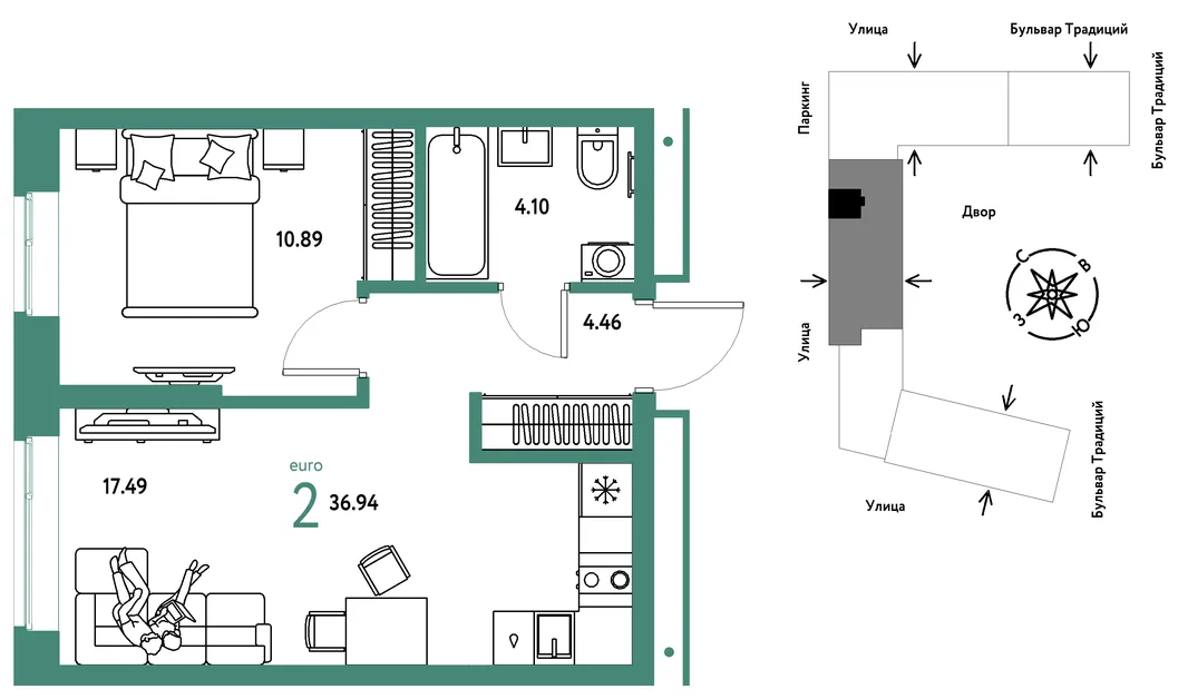 Планировка 2-комн. квартира, 36.94 м² ЖК «Микрорайон Домашний»