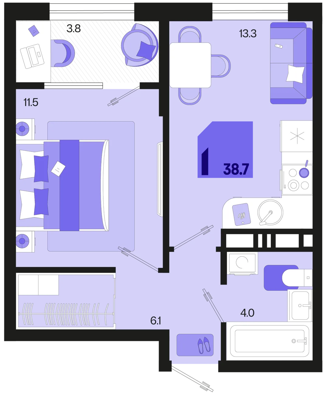Планировка 1-комн. квартира, 38.7 м² ЖК «Первое место»