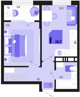 Планировка 1-комн. квартира, 38.7 м² ЖК «Первое место»