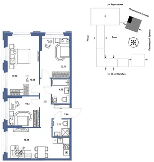 Планировка 4-комн. квартира, 76.88 м² ЖК «Сердце Сибири»