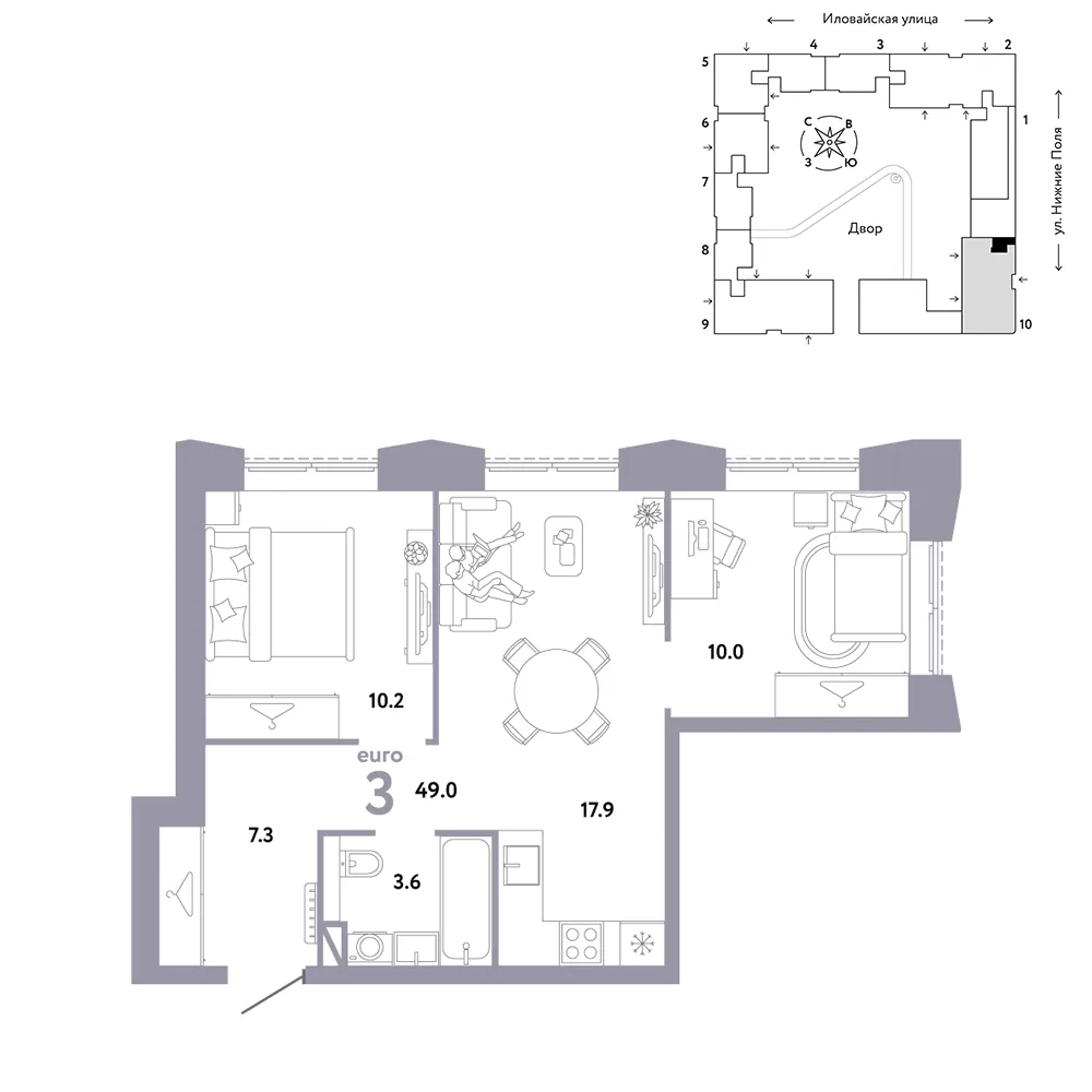Планировка 3-комн. квартира, 49 м² ЖК «Страна.Заречная»