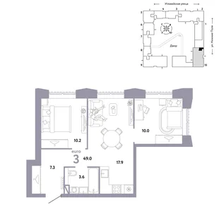 Планировка 3-комн. квартира, 49 м² ЖК «Страна.Заречная»