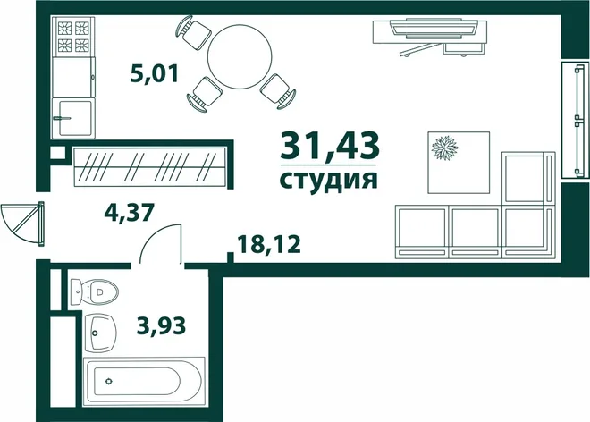 Планировка Студия, 31.43 м² ЖК «Аквамарин 2» Планировка Студия, 31.43 м² ЖК «Аквамарин 2»