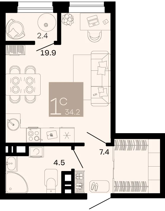 Планировка Студия, 34.2 м² ЖК «Хозяин морей»