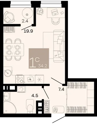 Планировка Студия, 34.2 м² ЖК «Хозяин морей»
